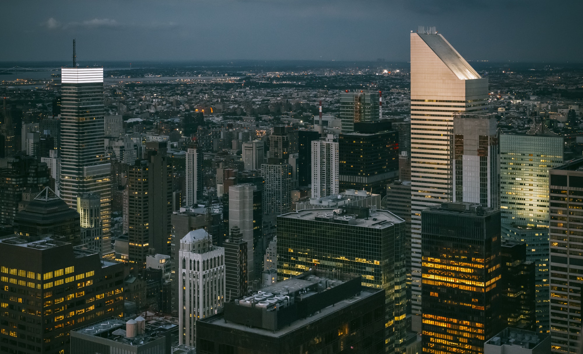 Skyline of Manhattan at night in New York City
